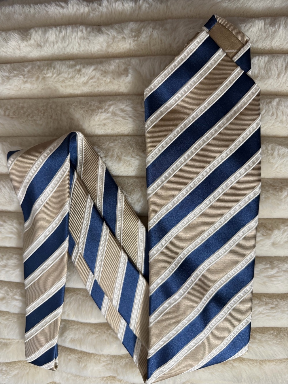 Brioni Navy and Taupe Striped Silk Tie